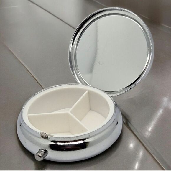 Peacock Pill Box Medicine Mini Stainless Steel Case Mirror Travel Purse Peafowl - Picture 2 of 7